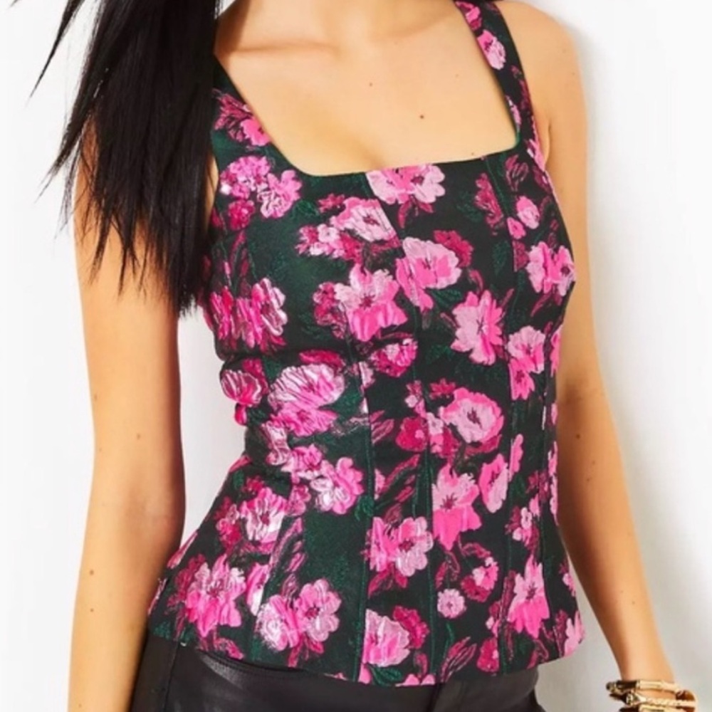 Lilly Pulitzer Leya‎ Floral Jacquard Top Evergreen Hibiscus-KISS Pink Size 00